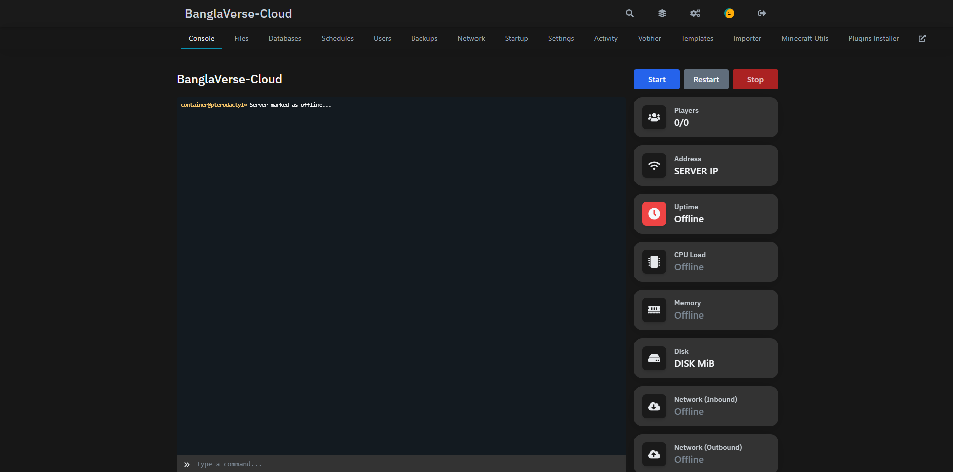 BanglaVerse Minecraft control panel preview